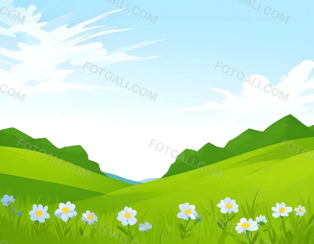 Digital Painting Green Grass Field With Blue Flowers Sunny Day Green Sky Blue Hills Cartoon Style Bright Colors Vector Graphics Nature Scene Peaceful Landscape Bold And Slim Lines Brush Strokes 42 8f5c
