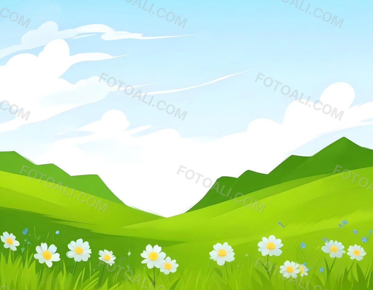 Digital Painting Green Grass Field With Blue Flowers Sunny Day Green Sky Blue Hills Cartoon Style Bright Colors Vector Graphics Nature Scene Peaceful Landscape Bold And Slim Lines Brush Strokes 43 31d8