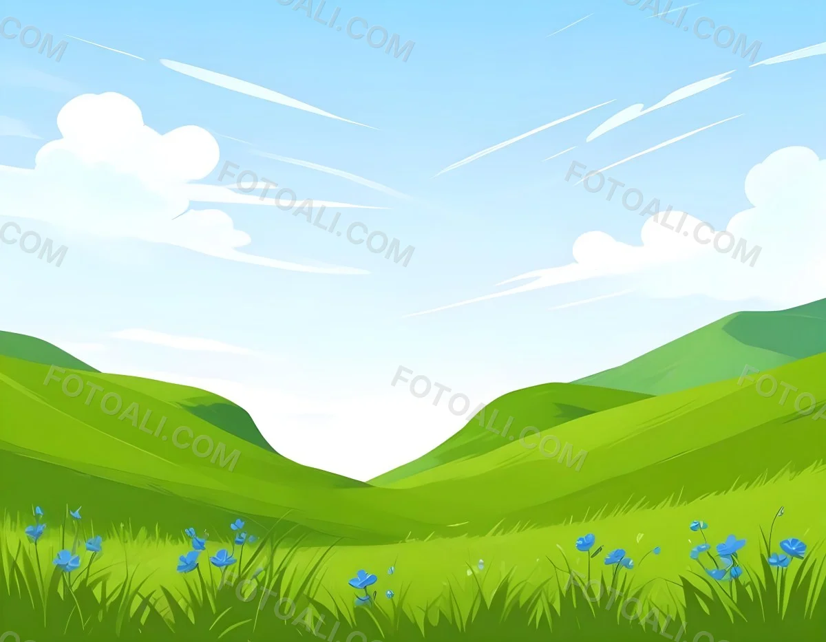 Digital Painting Green Grass Field With Blue Flowers Sunny Day Green Sky Blue Hills Cartoon Style Bright Colors Vector Graphics Nature Scene Peaceful Landscape Bold And Slim Lines Brush Strokes 5 6711