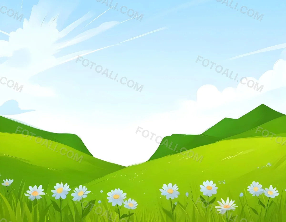 Digital Painting Green Grass Field With Blue Flowers Sunny Day Green Sky Blue Hills Cartoon Style Bright Colors Vector Graphics Nature Scene Peaceful Landscape Bold And Slim Lines Brush Strokes 8 F3c2