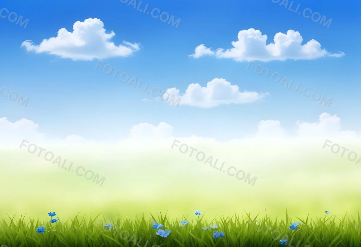 Digital Painting Green Grass With Blue Flowers Blue Sky With White Clouds Sunny Day Vibrant Colors Nature Background Bright And Cheerful Bold And Slim Lines Brush Strokes 10 6c22