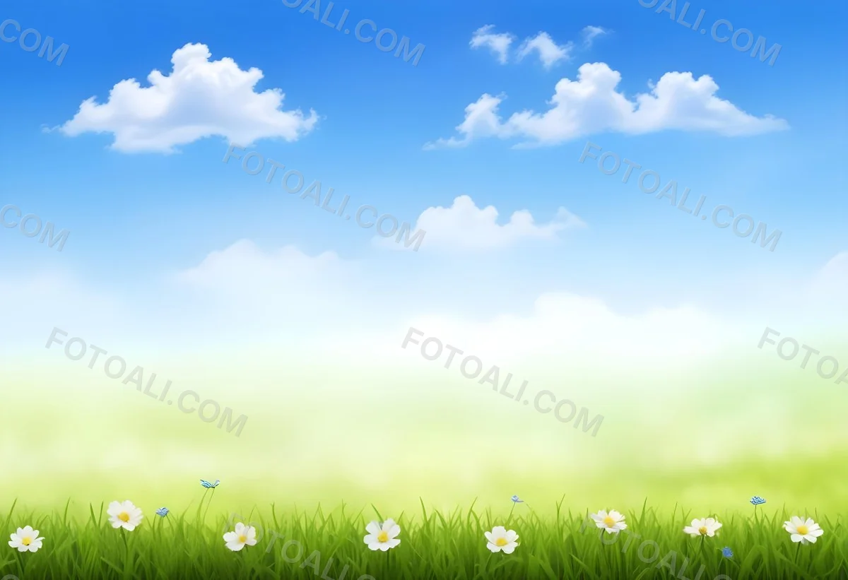 Digital Painting Green Grass With Blue Flowers Blue Sky With White Clouds Sunny Day Vibrant Colors Nature Background Bright And Cheerful Bold And Slim Lines Brush Strokes 14 B056