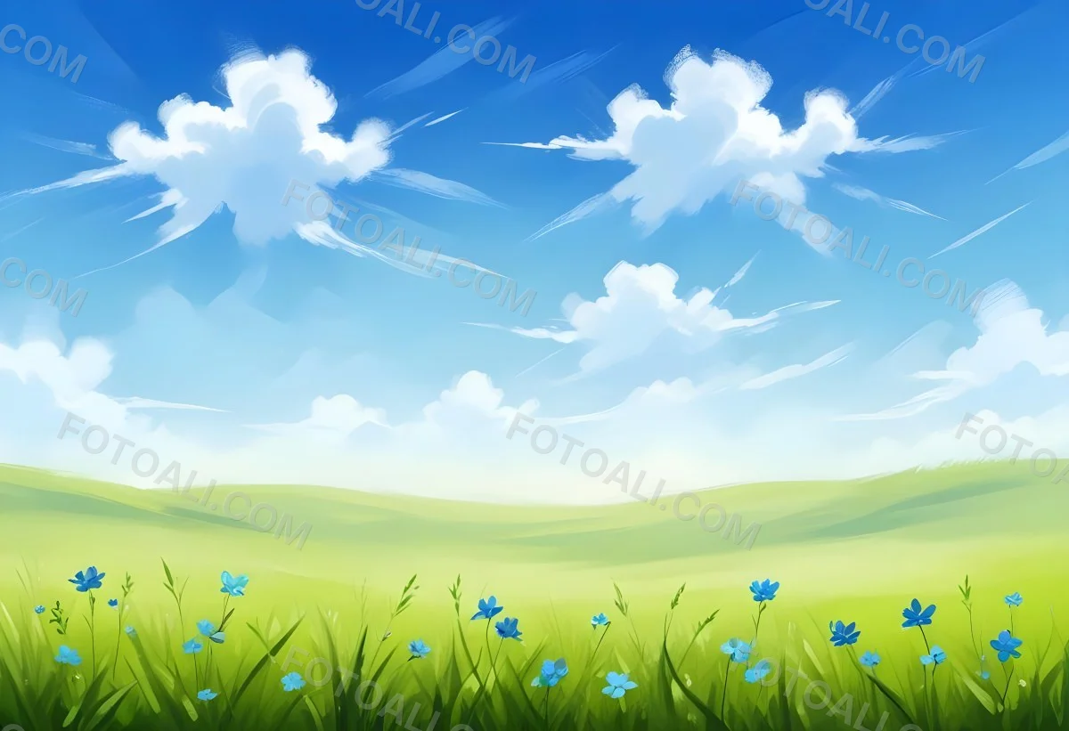 Digital Painting Green Grass With Blue Flowers Blue Sky With White Clouds Sunny Day Vibrant Colors Nature Background Bright And Cheerful Bold And Slim Lines Brush Strokes 23 6b79