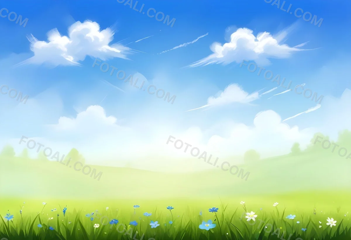 Digital Painting Green Grass With Blue Flowers Blue Sky With White Clouds Sunny Day Vibrant Colors Nature Background Bright And Cheerful Bold And Slim Lines Brush Strokes 29 Abaf