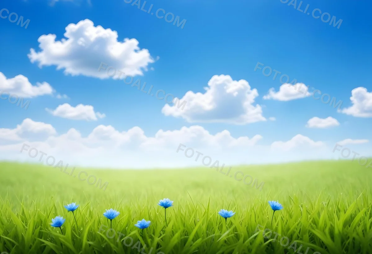 Digital Painting Green Grass With Blue Flowers Blue Sky With White Clouds Sunny Day Vibrant Colors Nature Background Bright And Cheerful Bold And Slim Lines Brush Strokes 30 1a5d