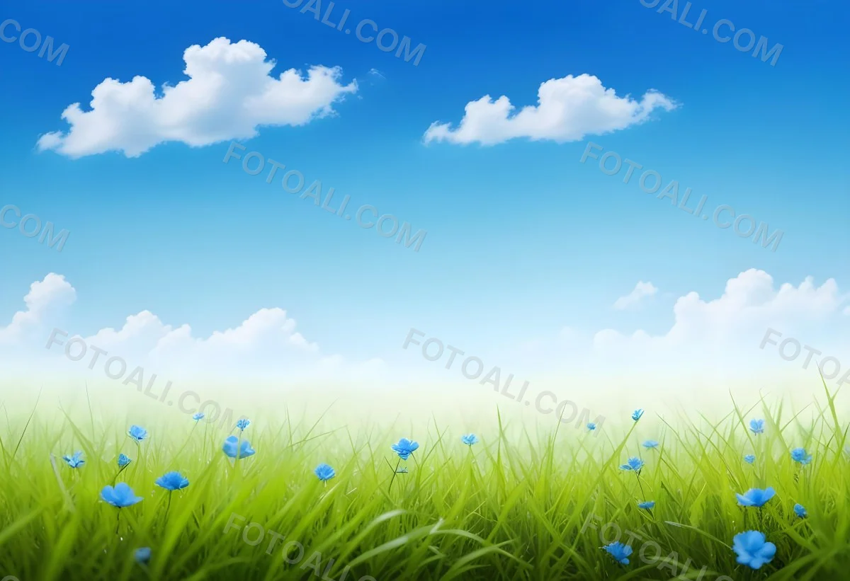 Digital Painting Green Grass With Blue Flowers Blue Sky With White Clouds Sunny Day Vibrant Colors Nature Background Bright And Cheerful Bold And Slim Lines Brush Strokes 32 49ea