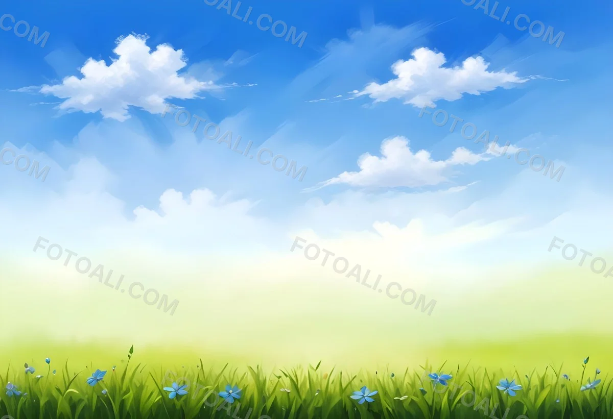 Digital Painting Green Grass With Blue Flowers Blue Sky With White Clouds Sunny Day Vibrant Colors Nature Background Bright And Cheerful Bold And Slim Lines Brush Strokes 44 Cee7