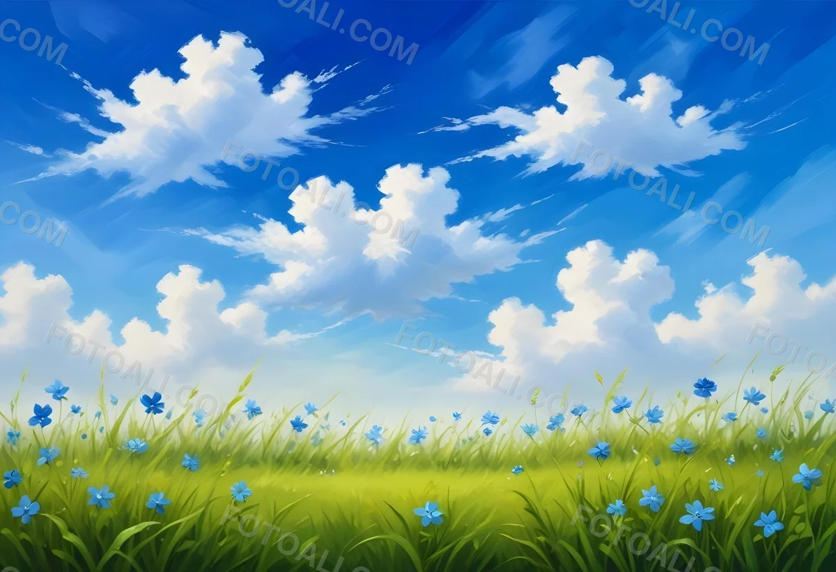 Digital Painting Green Grass With Blue Flowers Blue Sky With White Clouds Sunny Day Vibrant Colors Nature Background Bright And Cheerful Bold And Slim Lines Brush Strokes 64 A1ce