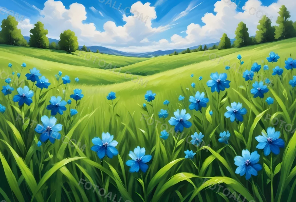 Digital Painting Green Grass With Blue Flowers Blue Sky With White Clouds Sunny Day Vibrant Colors Nature Background Bright And Cheerful Bold And Slim Lines Brush Strokes 73 9072