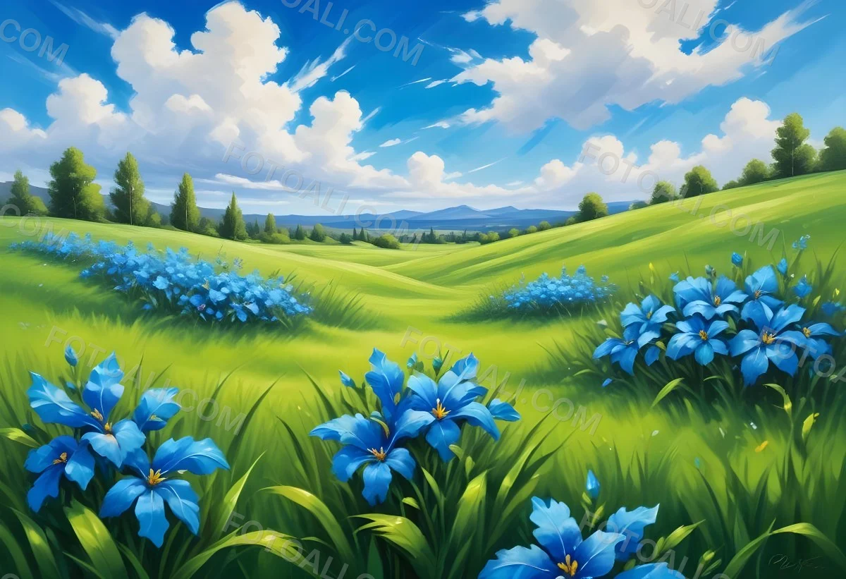 Digital Painting Green Grass With Blue Flowers Blue Sky With White Clouds Sunny Day Vibrant Colors Nature Background Bright And Cheerful Bold And Slim Lines Brush Strokes 74 76a3