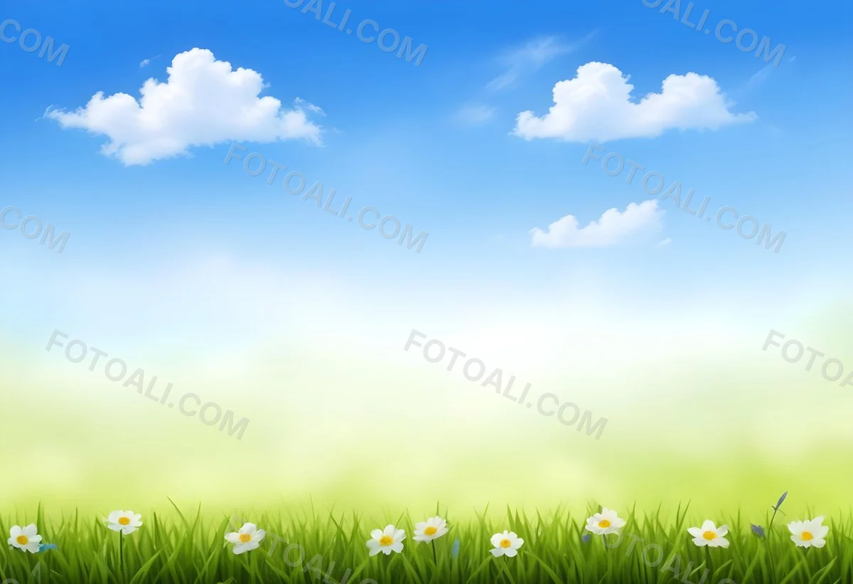Digital Painting Green Grass With Blue Flowers Blue Sky With White Clouds Sunny Day Vibrant Colors Nature Background Bright And Cheerful Bold And Slim Lines Brush Strokes 75 3600