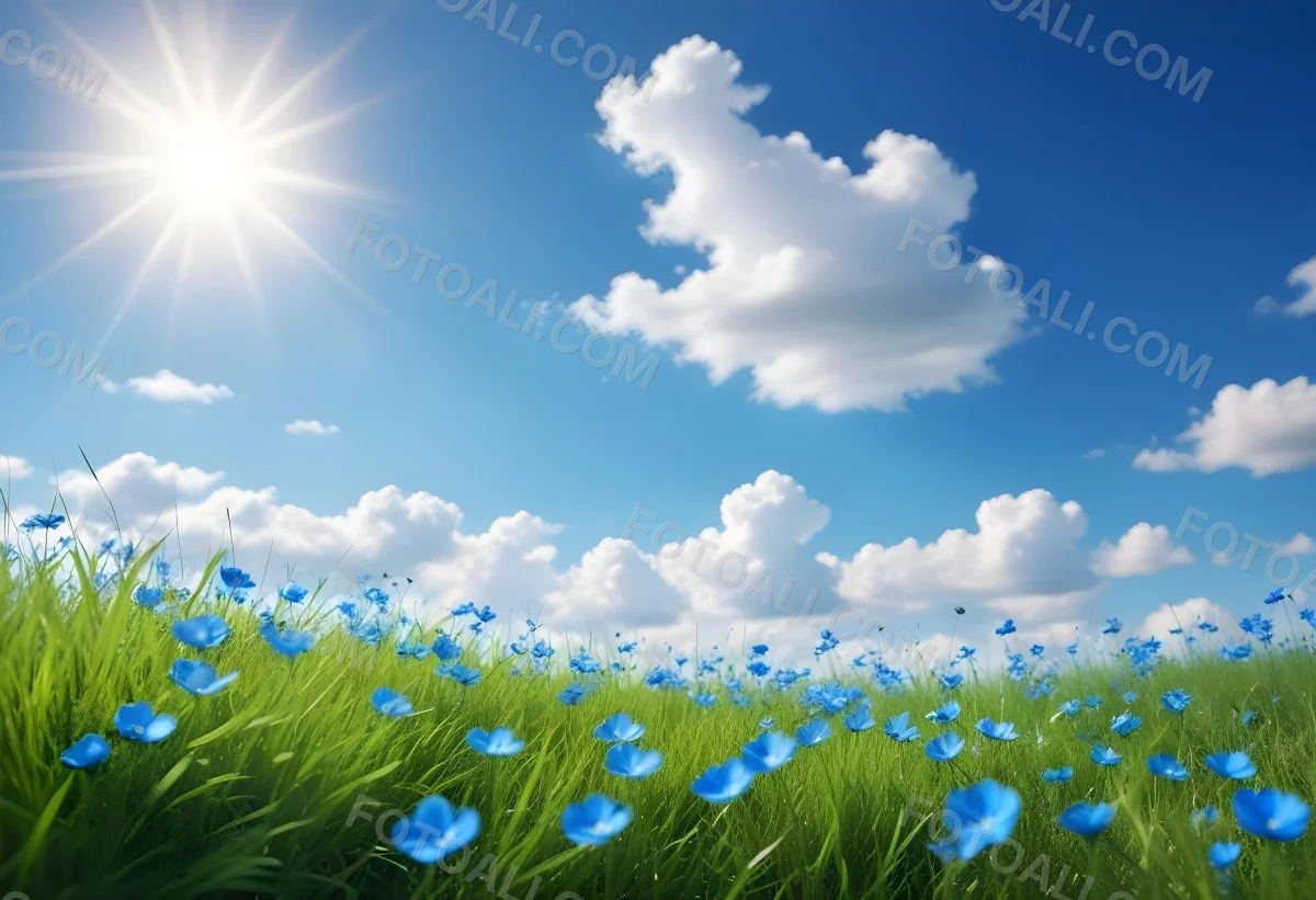 Digital Painting Green Grass With Blue Flowers Blue Sky With White Clouds Sunny Day Vibrant Colors Nature Background Bright And Cheerful Bold And Slim Lines Brush Strokes 76 377f