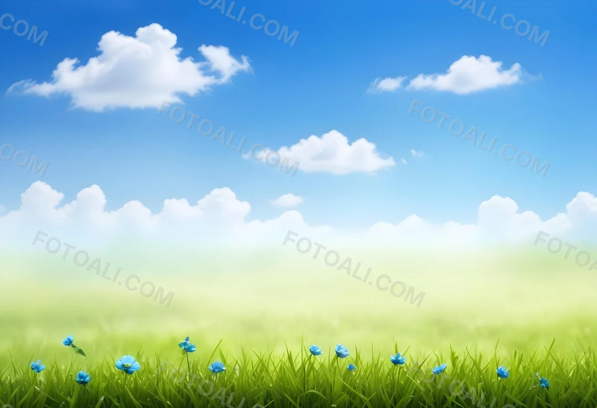 Digital Painting Green Grass With Blue Flowers Blue Sky With White Clouds Sunny Day Vibrant Colors Nature Background Bright And Cheerful Bold And Slim Lines Brush Strokes 79 D569