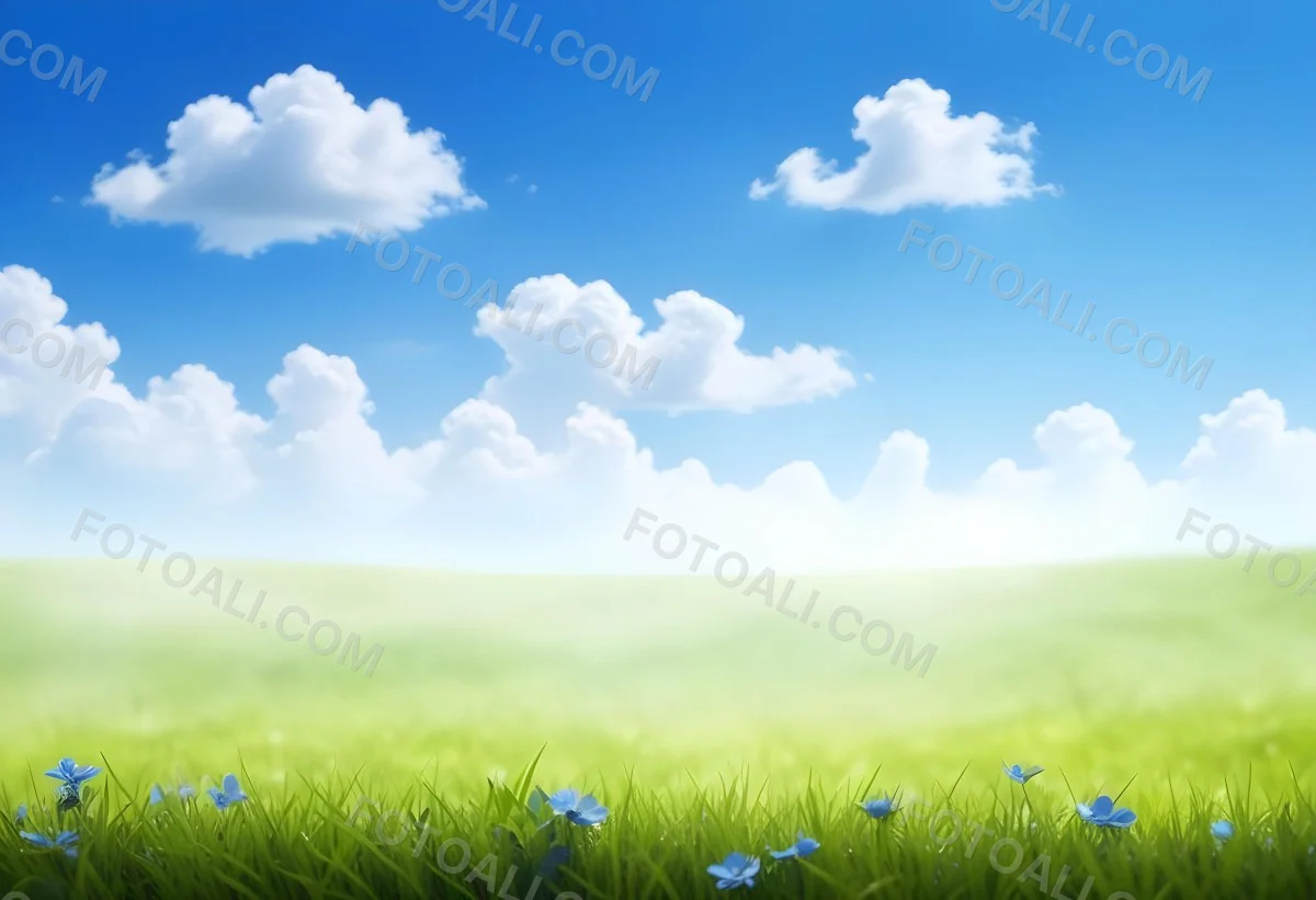 Digital Painting Green Grass With Blue Flowers Blue Sky With White Clouds Sunny Day Vibrant Colors Nature Background Bright And Cheerful Bold And Slim Lines Brush Strokes 8 Dfdd