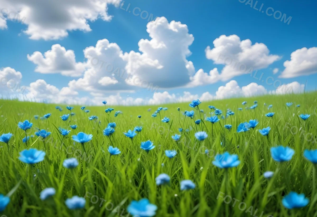 Digital Painting Green Grass With Blue Flowers Blue Sky With White Clouds Sunny Day Vibrant Colors Nature Background Bright And Cheerful Bold And Slim Lines Brush Strokes 80 4e5a