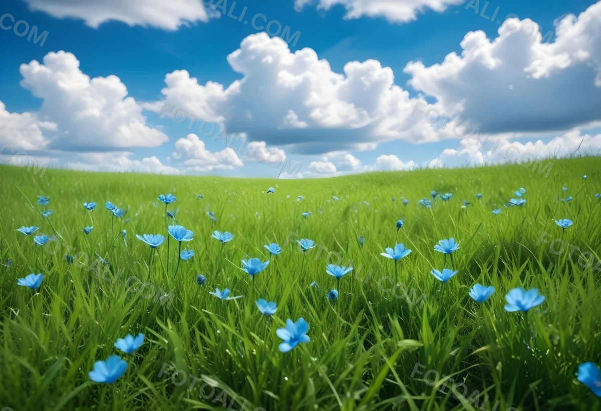 Digital Painting Green Grass With Blue Flowers Blue Sky With White Clouds Sunny Day Vibrant Colors Nature Background Bright And Cheerful Bold And Slim Lines Brush Strokes 84 D292