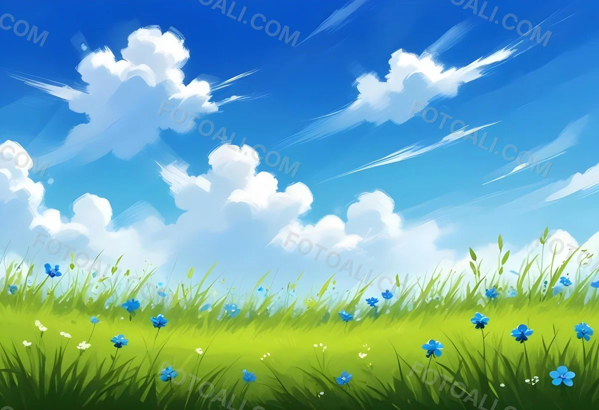 Digital Painting Green Grass With Blue Flowers Blue Sky With White Clouds Sunny Day Vibrant Colors Nature Background Bright And Cheerful Bold And Slim Lines Brush Strokes 9 C1dd