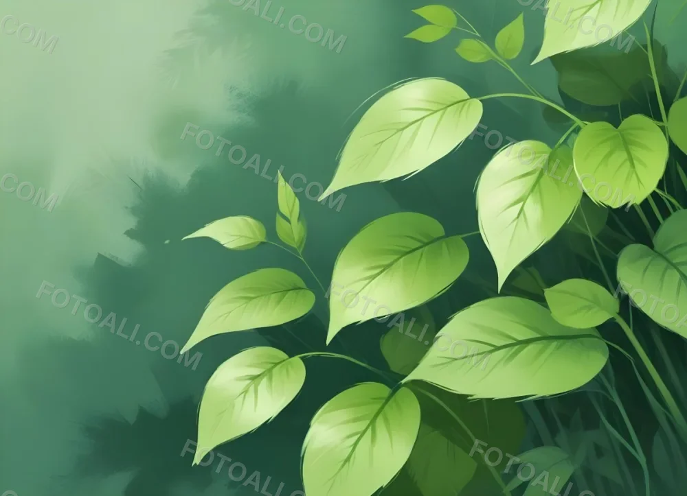 Digital Painting Green Leaves At The Top With A Soft Green Background And A Hint Of Grass At The Bottom Bold And Slim Lines Brush Strokes 8 891a
