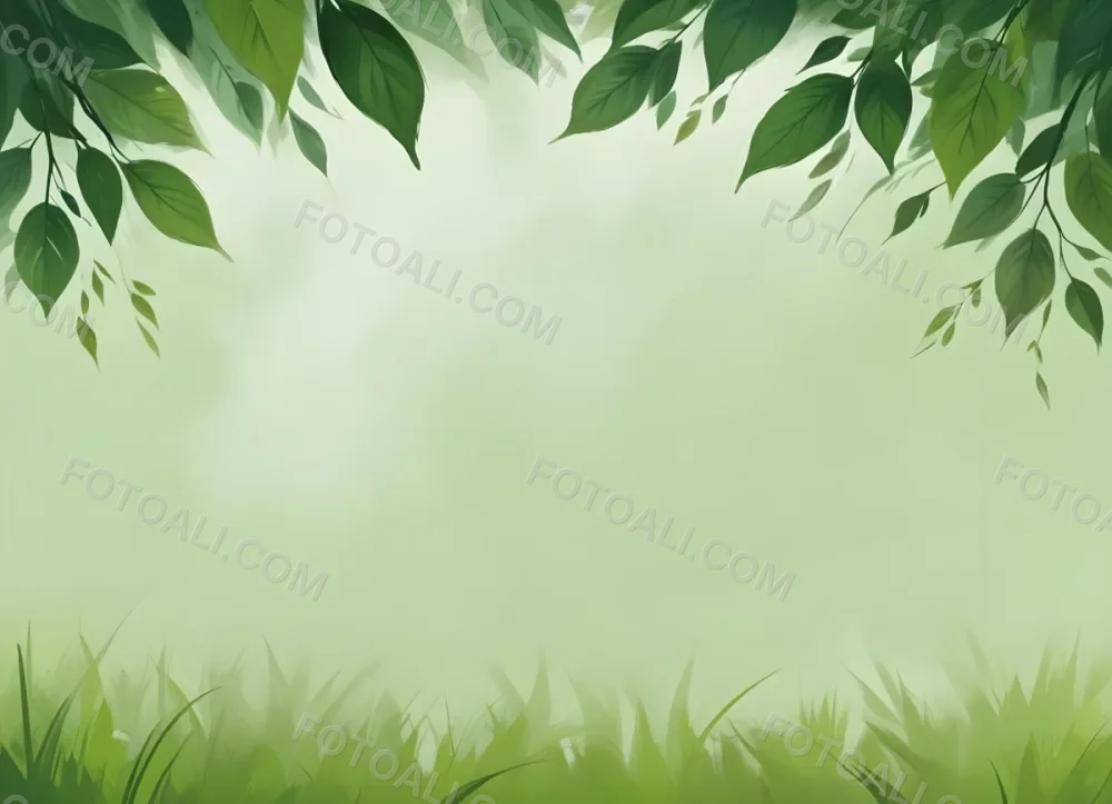 Digital Painting Green Leaves At The Top With A Soft Green Background And A Hint Of Grass At The Bottom Bold And Slim Lines Brush Strokes 9 F4a5