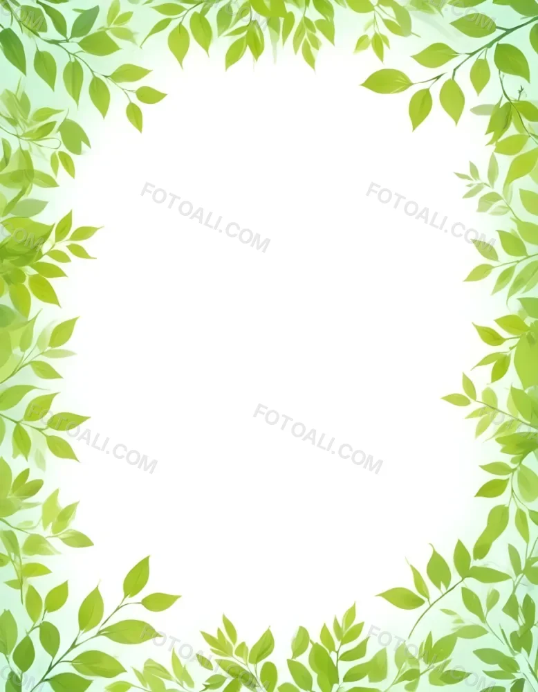Digital Painting Green Leaves Frame With Green Background Light Green Color Nature Plant Leaf Branch Botanical Foliage Decoration Border Spring Summer Bold And Slim Lines Brush Strokes 33 E033