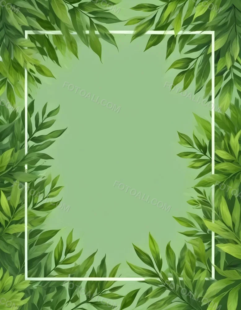 Digital Painting Green Leaves Frame With Green Background Light Green Color Nature Plant Leaf Branch Botanical Foliage Decoration Border Spring Summer Bold And Slim Lines Brush Strokes 41 Ca2d
