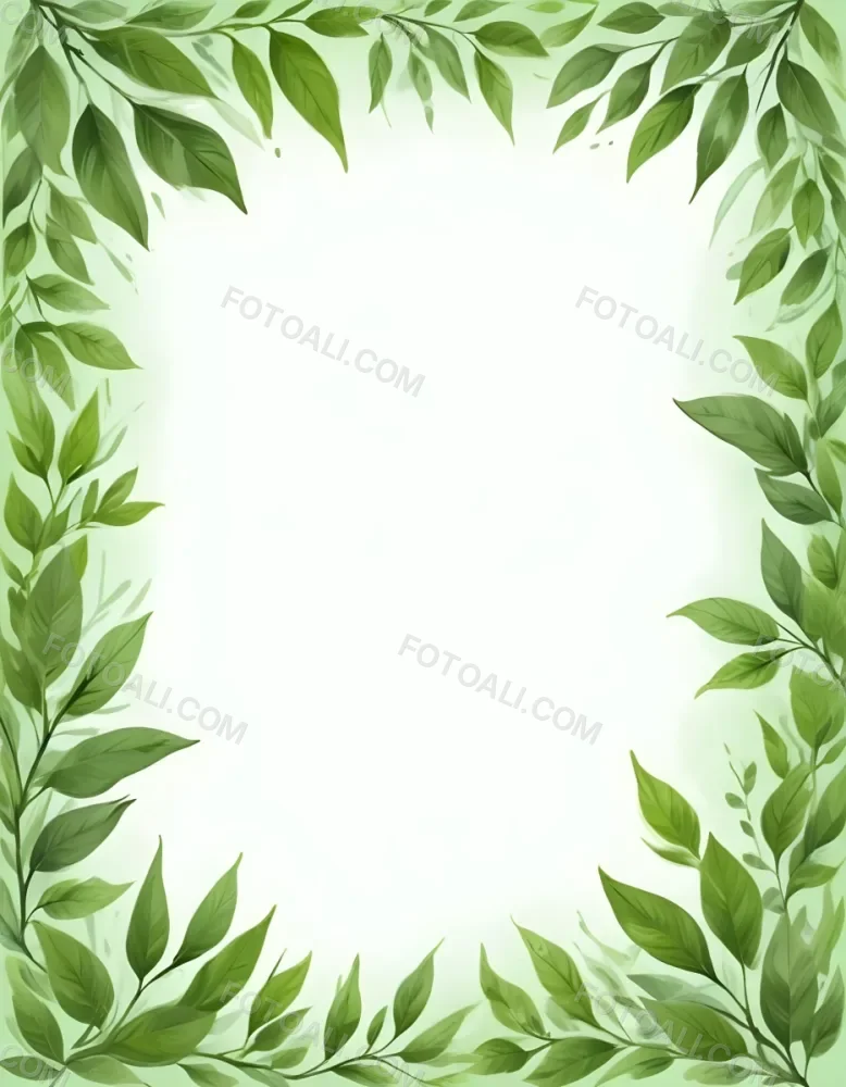 Digital Painting Green Leaves Frame With Green Background Light Green Color Nature Plant Leaf Branch Botanical Foliage Decoration Border Spring Summer Bold And Slim Lines Brush Strokes 43 4131