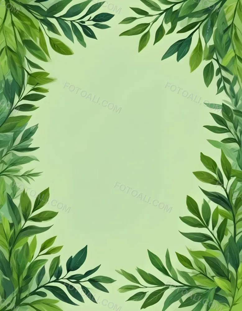 Digital Painting Green Leaves Frame With Green Background Light Green Color Nature Plant Leaf Branch Botanical Foliage Decoration Border Spring Summer Bold And Slim Lines Brush Strokes 52 9abd