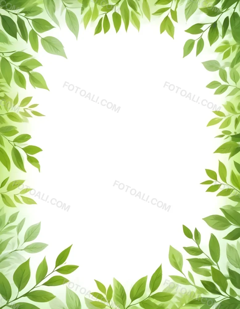 Digital Painting Green Leaves Frame With Green Background Light Green Color Nature Plant Leaf Branch Botanical Foliage Decoration Border Spring Summer Bold And Slim Lines Brush Strokes 54 C74e