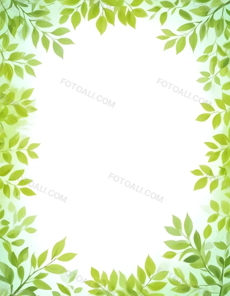Digital Painting Green Leaves Frame With Green Background Light Green Color Nature Plant Leaf Branch Botanical Foliage Decoration Border Spring Summer Bold And Slim Lines Brush Strokes 6 7497