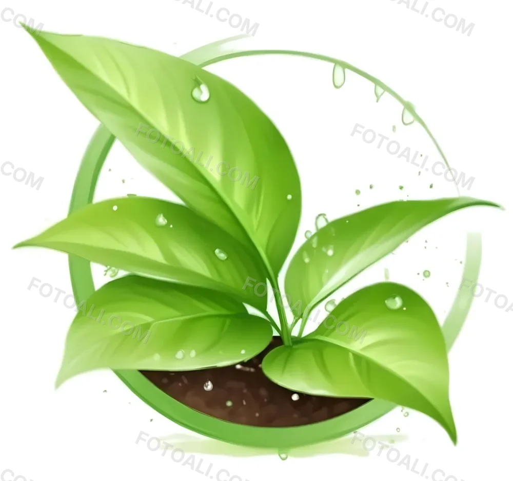 Digital Painting Green Leaves With Water Drops In A Pot With Soil Inside A Green Circle White Background Bold And Slim Lines Brush Strokes 1 Cba7