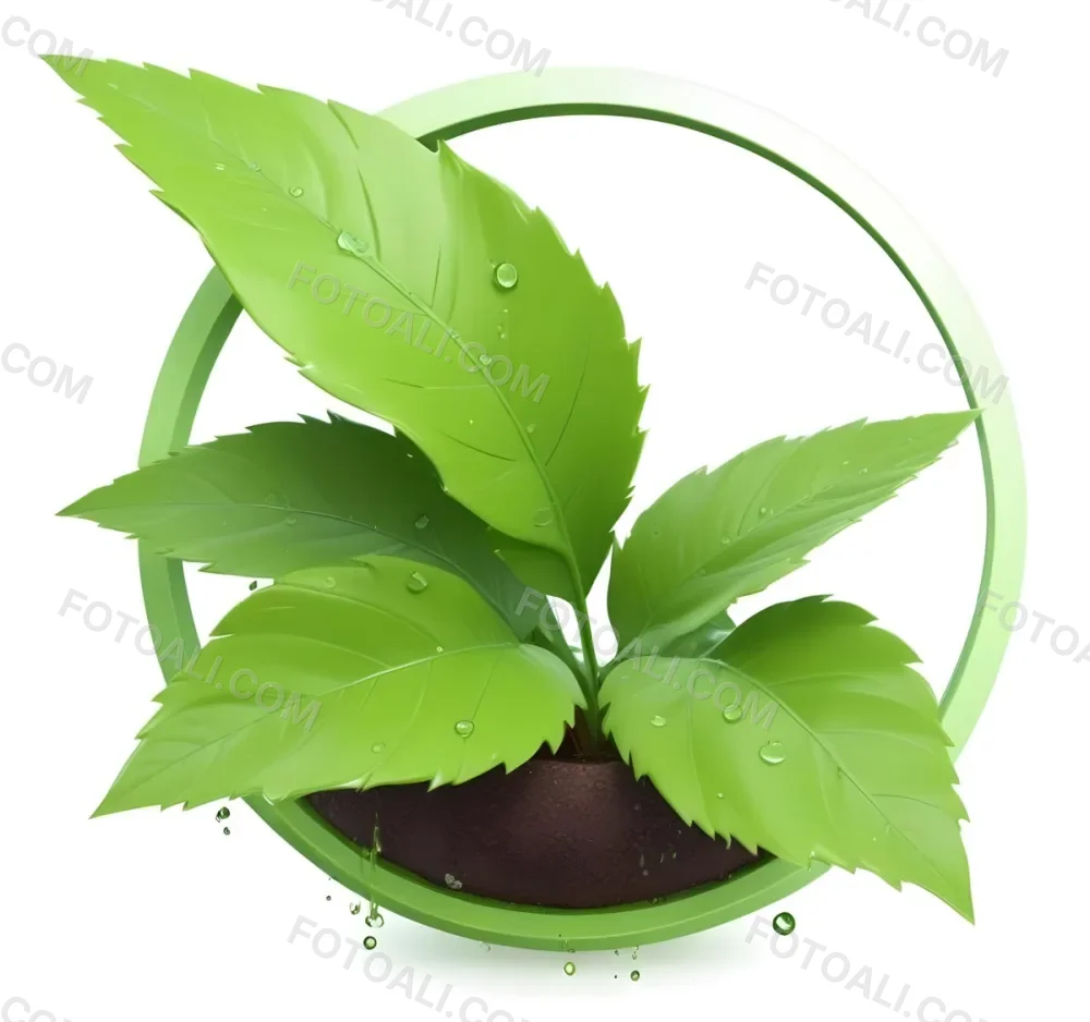 Digital Painting Green Leaves With Water Drops In A Pot With Soil Inside A Green Circle White Background Bold And Slim Lines Brush Strokes 14 1c80