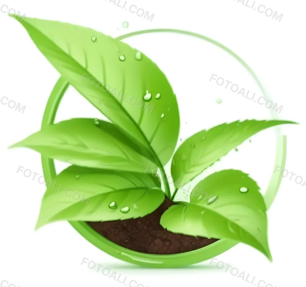 Digital Painting Green Leaves With Water Drops In A Pot With Soil Inside A Green Circle White Background Bold And Slim Lines Brush Strokes 18 F15e