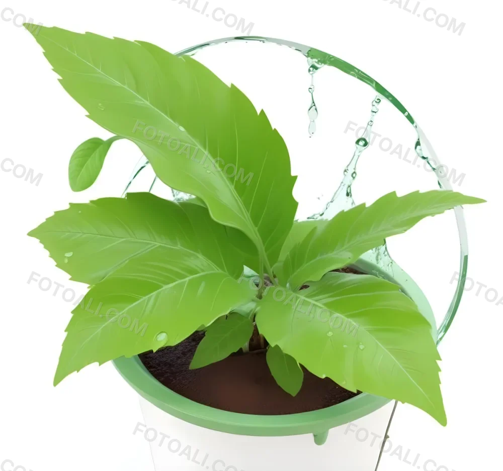Digital Painting Green Leaves With Water Drops In A Pot With Soil Inside A Green Circle White Background Bold And Slim Lines Brush Strokes 20 Db63