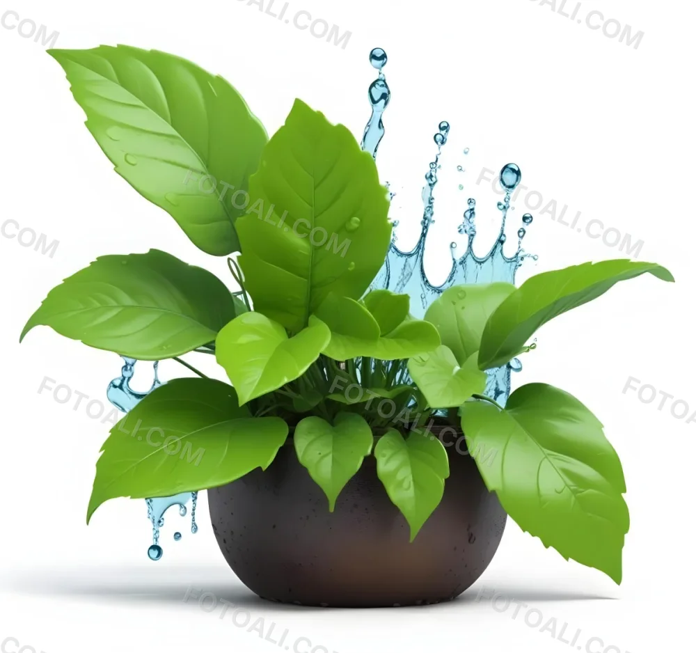 Digital Painting Green Leaves With Water Drops In A Pot With Soil Inside A Green Circle White Background Bold And Slim Lines Brush Strokes 22 7997