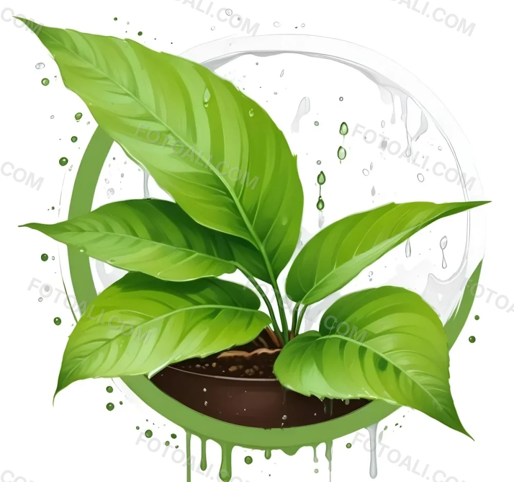 Digital Painting Green Leaves With Water Drops In A Pot With Soil Inside A Green Circle White Background Bold And Slim Lines Brush Strokes 23 C61f