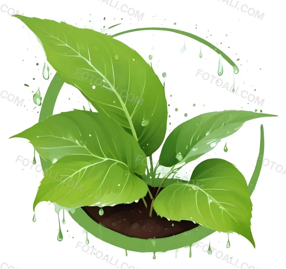 Digital Painting Green Leaves With Water Drops In A Pot With Soil Inside A Green Circle White Background Bold And Slim Lines Brush Strokes 25 4c2e