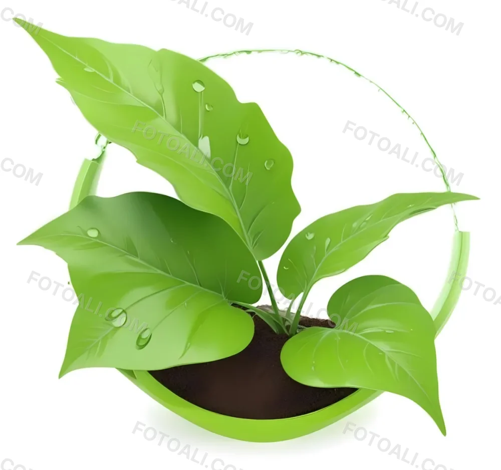 Digital Painting Green Leaves With Water Drops In A Pot With Soil Inside A Green Circle White Background Bold And Slim Lines Brush Strokes 26 E1ba