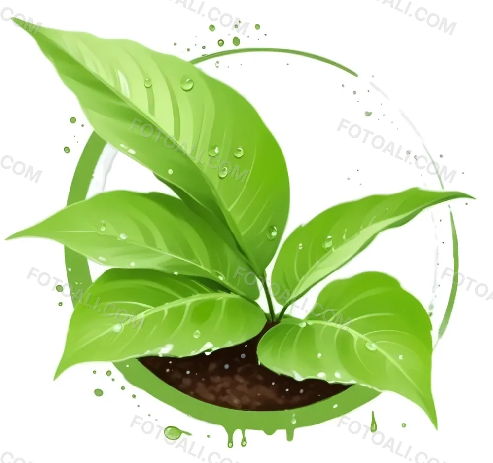 Digital Painting Green Leaves With Water Drops In A Pot With Soil Inside A Green Circle White Background Bold And Slim Lines Brush Strokes 27 2239