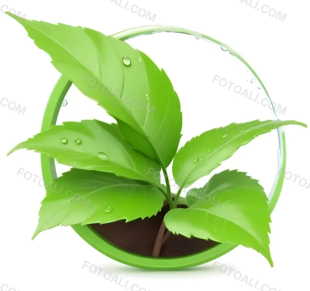 Digital Painting Green Leaves With Water Drops In A Pot With Soil Inside A Green Circle White Background Bold And Slim Lines Brush Strokes 4 E801