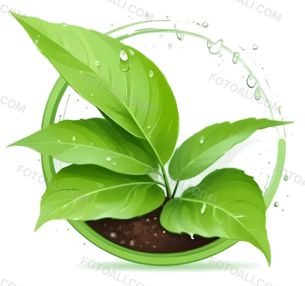 Digital Painting Green Leaves With Water Drops In A Pot With Soil Inside A Green Circle White Background Bold And Slim Lines Brush Strokes 5 5904