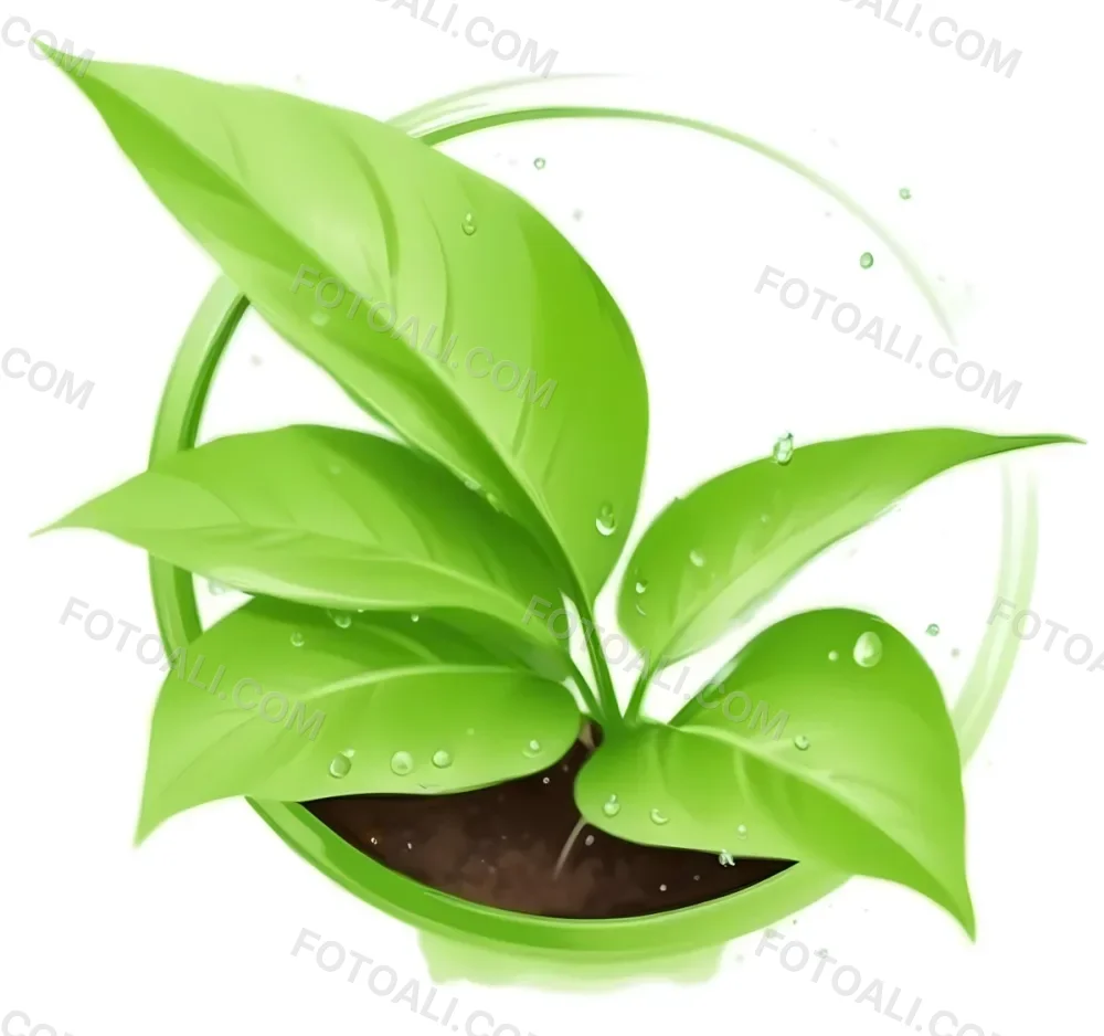 Digital Painting Green Leaves With Water Drops In A Pot With Soil Inside A Green Circle White Background Bold And Slim Lines Brush Strokes 6 9d3a