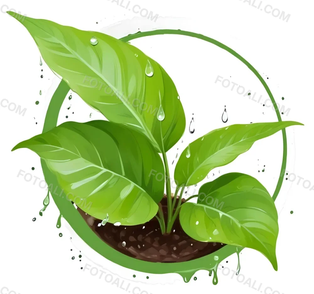 Digital Painting Green Leaves With Water Drops In A Pot With Soil Inside A Green Circle White Background Bold And Slim Lines Brush Strokes 8 A171