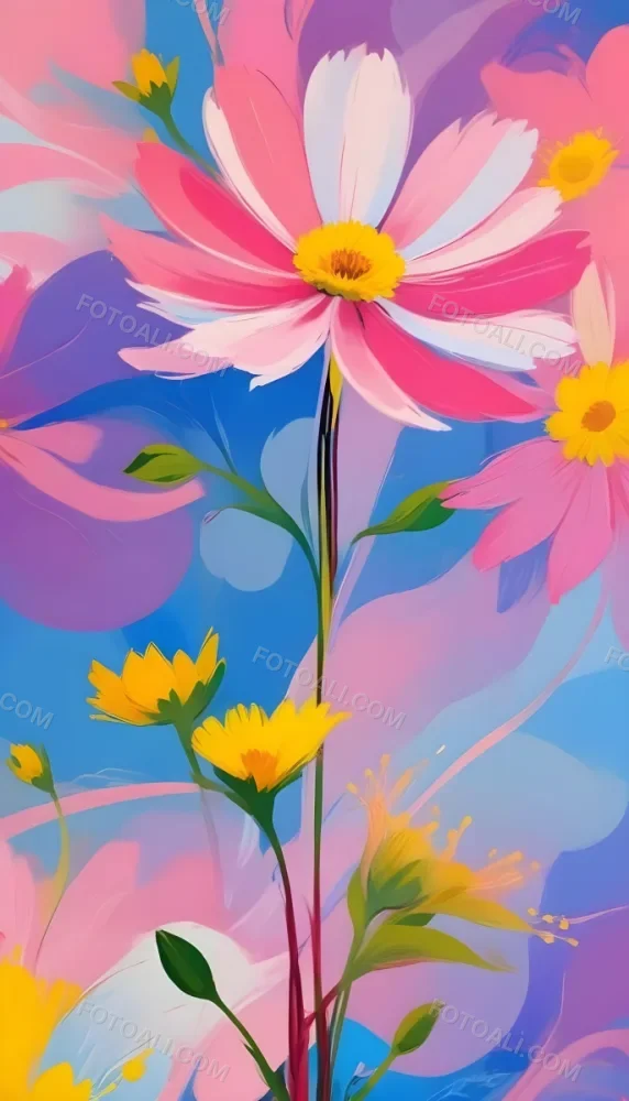 Digital Painting Large Pink Flowers With Blue Centers And Smaller Yellow Flowers Against A Soft Blue And Pink Background With Abstract Swirls Bold And Slim Lines Brush Strokes 100 437c