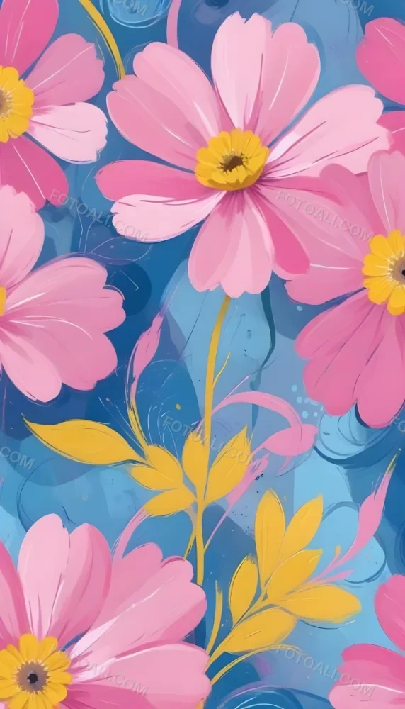 Digital Painting Large Pink Flowers With Blue Centers And Smaller Yellow Flowers Against A Soft Blue And Pink Background With Abstract Swirls Bold And Slim Lines Brush Strokes 118 Db17