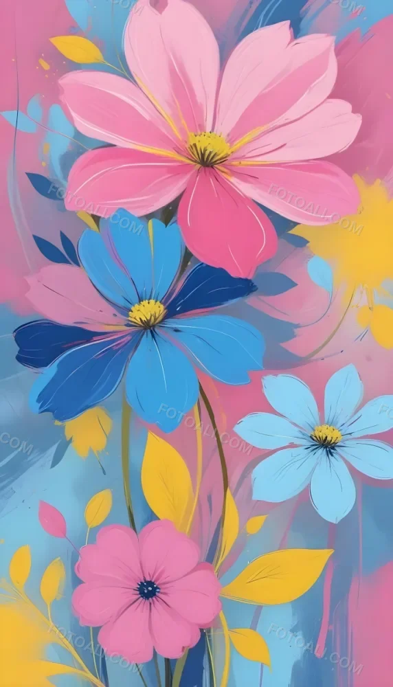 Digital Painting Large Pink Flowers With Blue Centers And Smaller Yellow Flowers Against A Soft Blue And Pink Background With Abstract Swirls Bold And Slim Lines Brush Strokes 121 4474