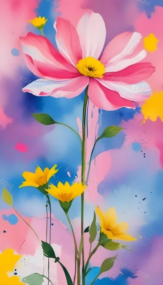 Digital Painting Large Pink Flowers With Blue Centers And Smaller Yellow Flowers Against A Soft Blue And Pink Background With Abstract Swirls Bold And Slim Lines Brush Strokes 20 5aae