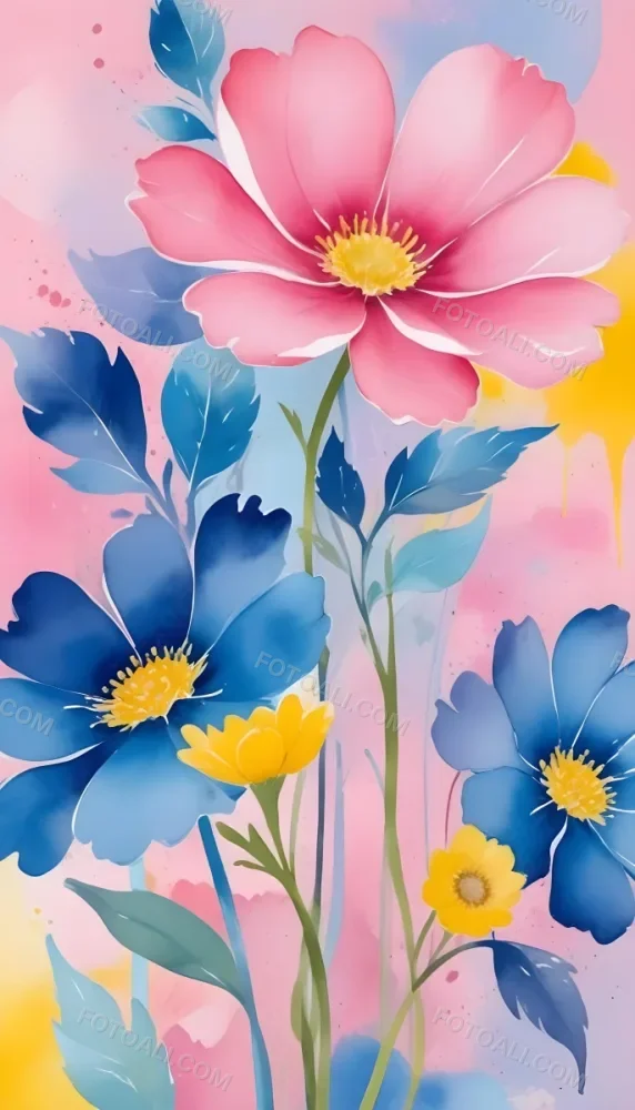 Digital Painting Large Pink Flowers With Blue Centers And Smaller Yellow Flowers Against A Soft Blue And Pink Background With Abstract Swirls Bold And Slim Lines Brush Strokes 24 C314