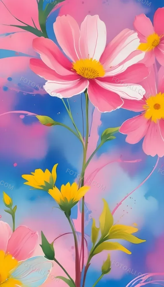 Digital Painting Large Pink Flowers With Blue Centers And Smaller Yellow Flowers Against A Soft Blue And Pink Background With Abstract Swirls Bold And Slim Lines Brush Strokes 32 2f6e