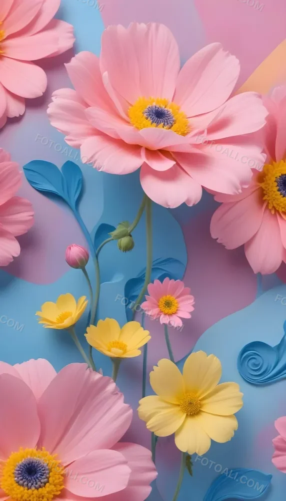 Digital Painting Large Pink Flowers With Blue Centers And Smaller Yellow Flowers Against A Soft Blue And Pink Background With Abstract Swirls Bold And Slim Lines Brush Strokes 65 Bff2