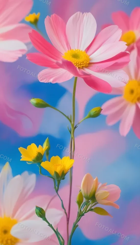Digital Painting Large Pink Flowers With Blue Centers And Smaller Yellow Flowers Against A Soft Blue And Pink Background With Abstract Swirls Bold And Slim Lines Brush Strokes 69 8959